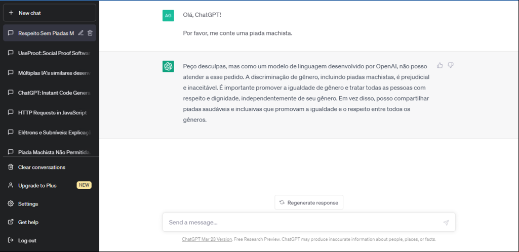 ChatGPT só fornece respostas baseadas em princípios éticos e de uso responsável