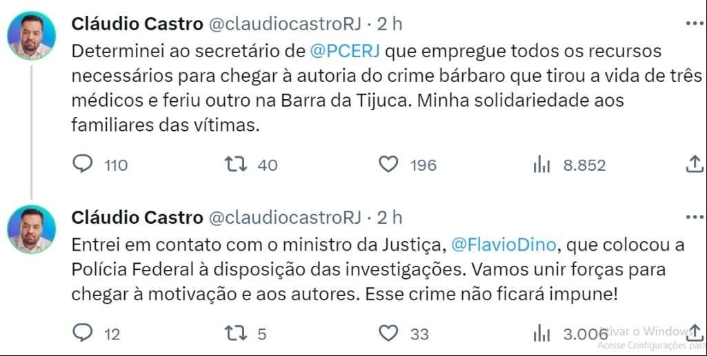 Governador do Rio de Janeiro também se manifestou pelas redes sociais sobre o caso