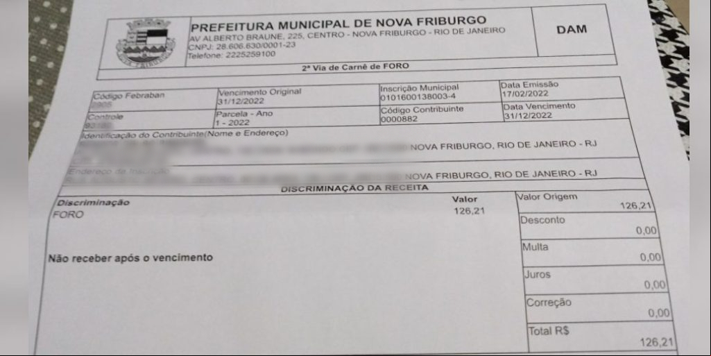 Cobrança de foro da casa da aposentada Carlota, no Centro, no valor de R$ 126,21