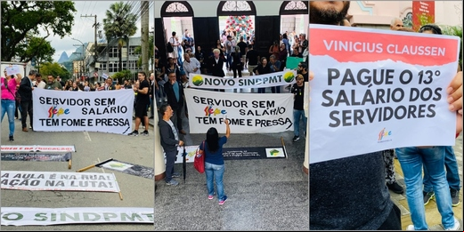 Funcionalismo municipal de Teresópolis não recebe 13º salário e faz protesto na porta da prefeitura 